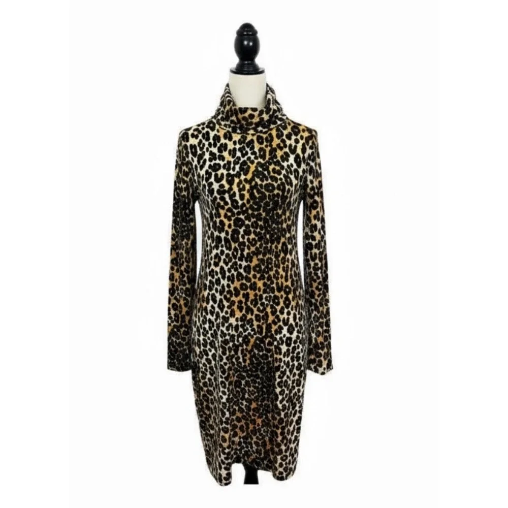 Vero Moda Leopard Print Dress Turtleneck Long Sleeve‎ Casual Mini Size Small - Picture 2 of 8